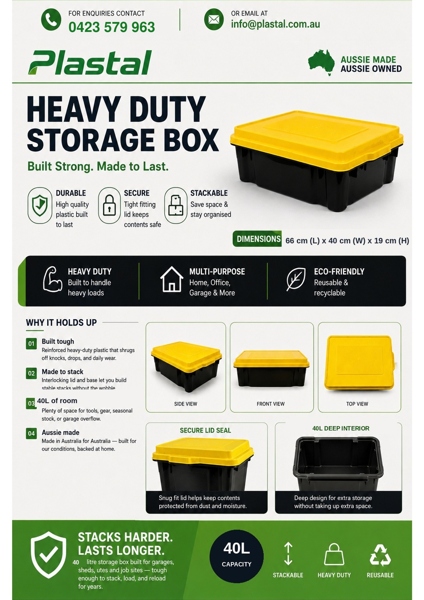 Detailed features and dimensions of the Plastal 40 litre underbed storage box